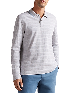 Ted Baker Penine Striped Long Sleeve Polo In Gray Marl