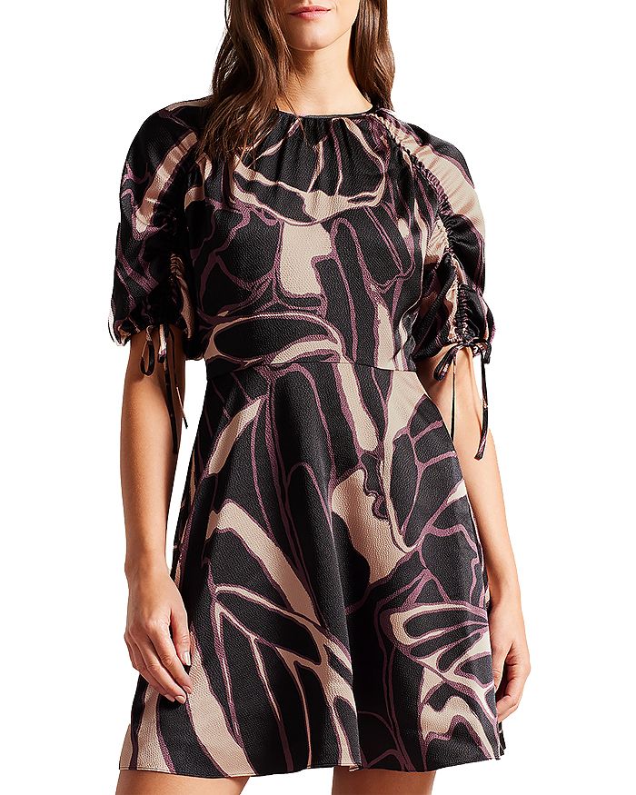 Ted Baker Gilliaa Printed Puff Sleeve Fit and Flare Mini Dress