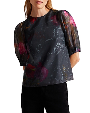 Ted Baker Ayymee Printed Puff Sleeve Top In Black