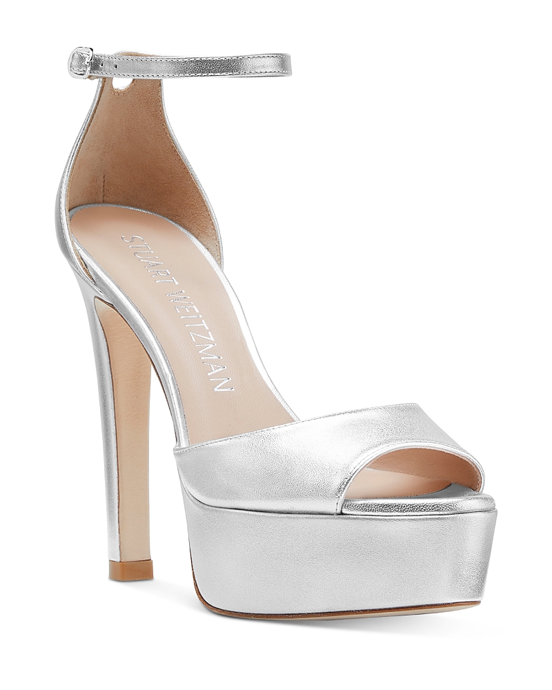 Stuart Weitzman Nudistcurve Disco Metallic Platform Sandals In Silver