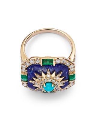 Turquoise, Lapis, Emerald, and Diamond Star Statement Ring in 14K Yellow Gold 