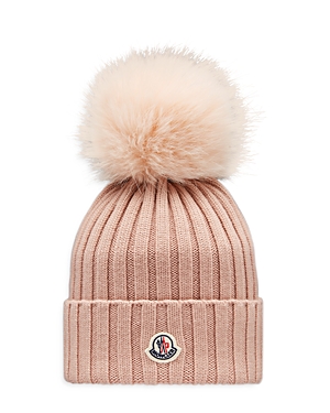 Moncler Wool Rib Beanie With Faux Fur Pompom In Beige