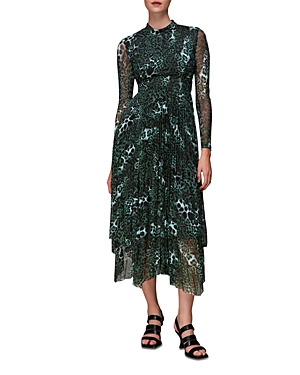Whistles Night Cat Pleated Mesh Dress In Green/multi