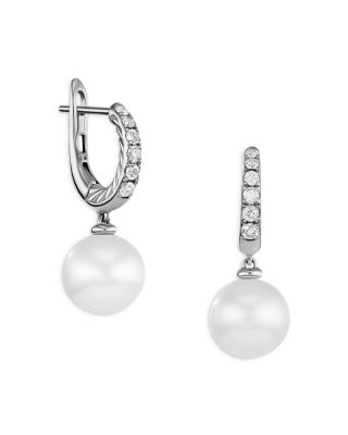 David Yurman - Sterling Silver Pearl Cultured Freshwater Pearl & Diamond Dangle Huggie Hoop Earrings