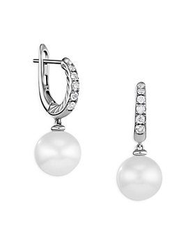 David Yurman - Sterling Silver Pearl Cultured Freshwater Pearl & Diamond Dangle Huggie Hoop Earrings