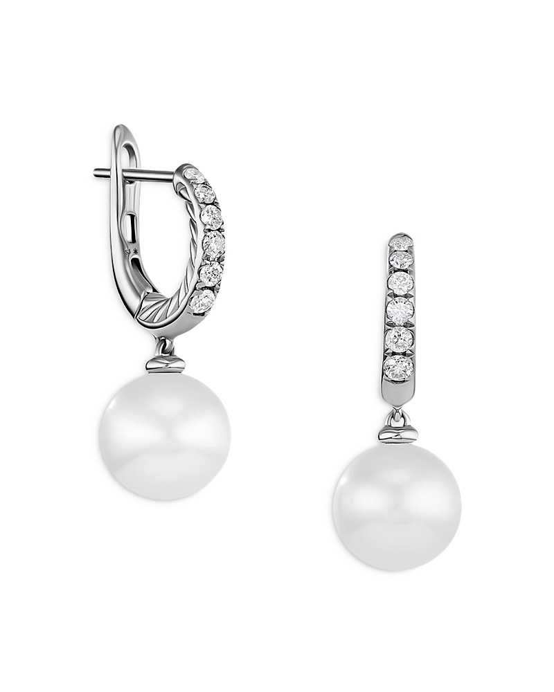 David Yurman Sterling Silver Pearl Cultured Freshwater Pearl & Diamond Dangle Huggie Hoop Earrings