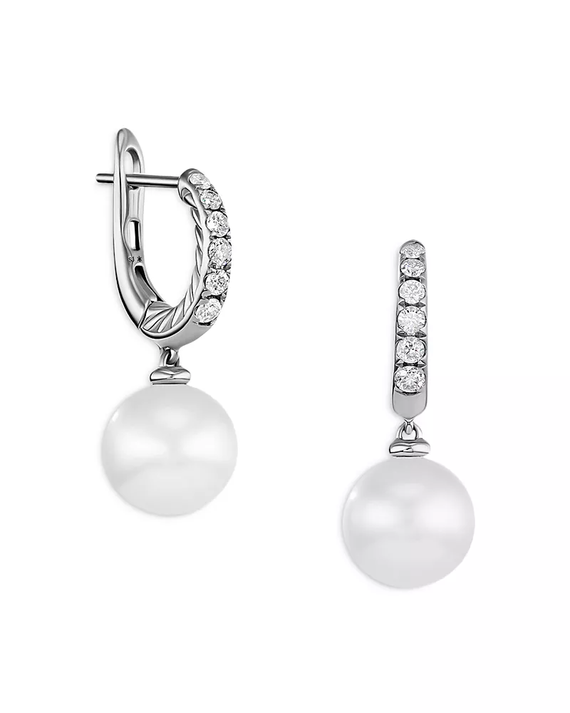 David Yurman Sterling Silver Pearl Cultured Freshwater Pearl & Diamond Dangle Huggie Hoop Earrings