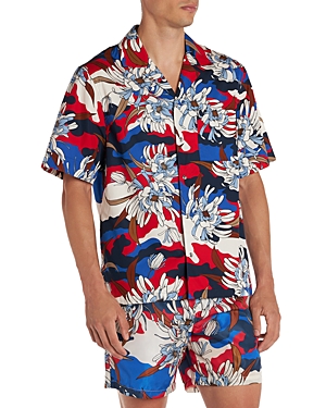 Shop Moncler Tropical Print Short Sleeve Camp Shirt In Blue