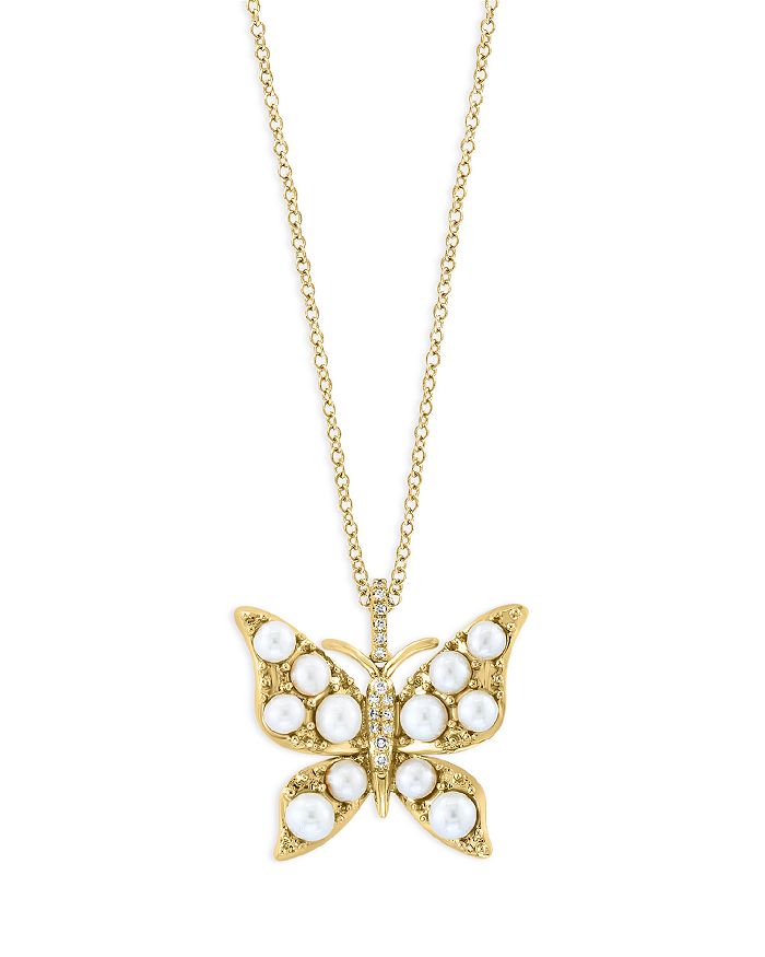 Bloomingdale's - 14K Yellow Gold & Cultured Freshwater Pearl Butterfly Pendant Necklace with Diamonds, 18" - 100% Exclusive