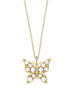 Bloomingdale's 14k Yellow Gold & Cultured Freshwater Pearl Butterfly Pendant Necklace With Diamonds, 18 - 100% Excl In White/yellow