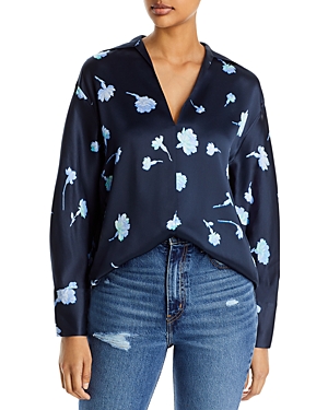 Vince Sea Carnation Shaped-collar Printed Silk Top In Coastal Blue