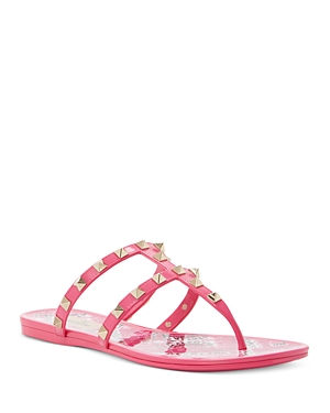 Valentino Rockstud T-strap Flat Slide Sandals In Pink
