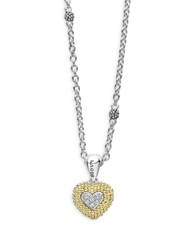 LAGOS 18K Yellow Gold & Sterling Silver Caviar Lux Diamond Heart Pendant Necklace, 16