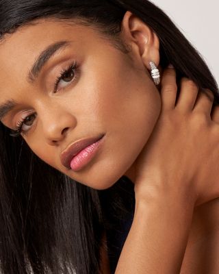 Ceramic & Sterling Silver White Caviar Diamond Hoop Earrings 