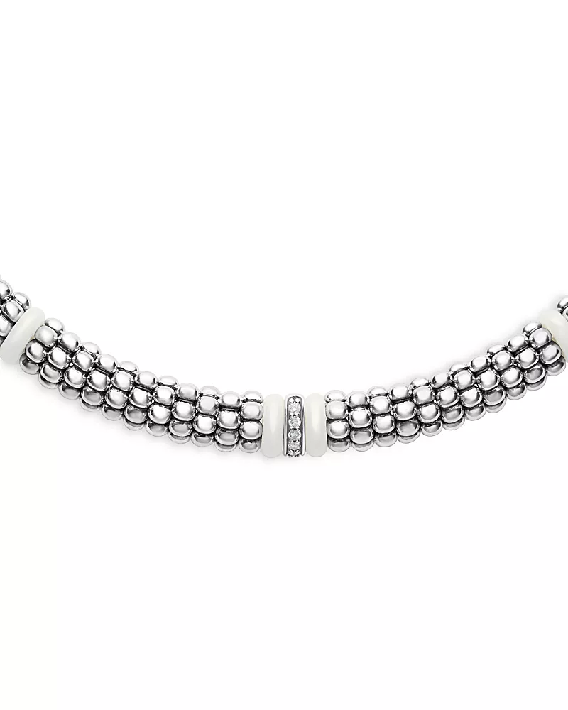 Lagos Ceramic & Sterling Silver White Caviar Diamond Station Necklace, 18