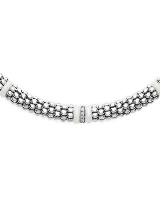 Ceramic & Sterling Silver White Caviar Diamond Station Necklace, 16"