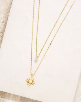 Cubic Zirconia & Starburst Layered Pendant Necklace in 18K Gold Plated, 15"-17"