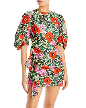 Rhode Pia Floral Print Cotton Mini Dress In Aura Blossom