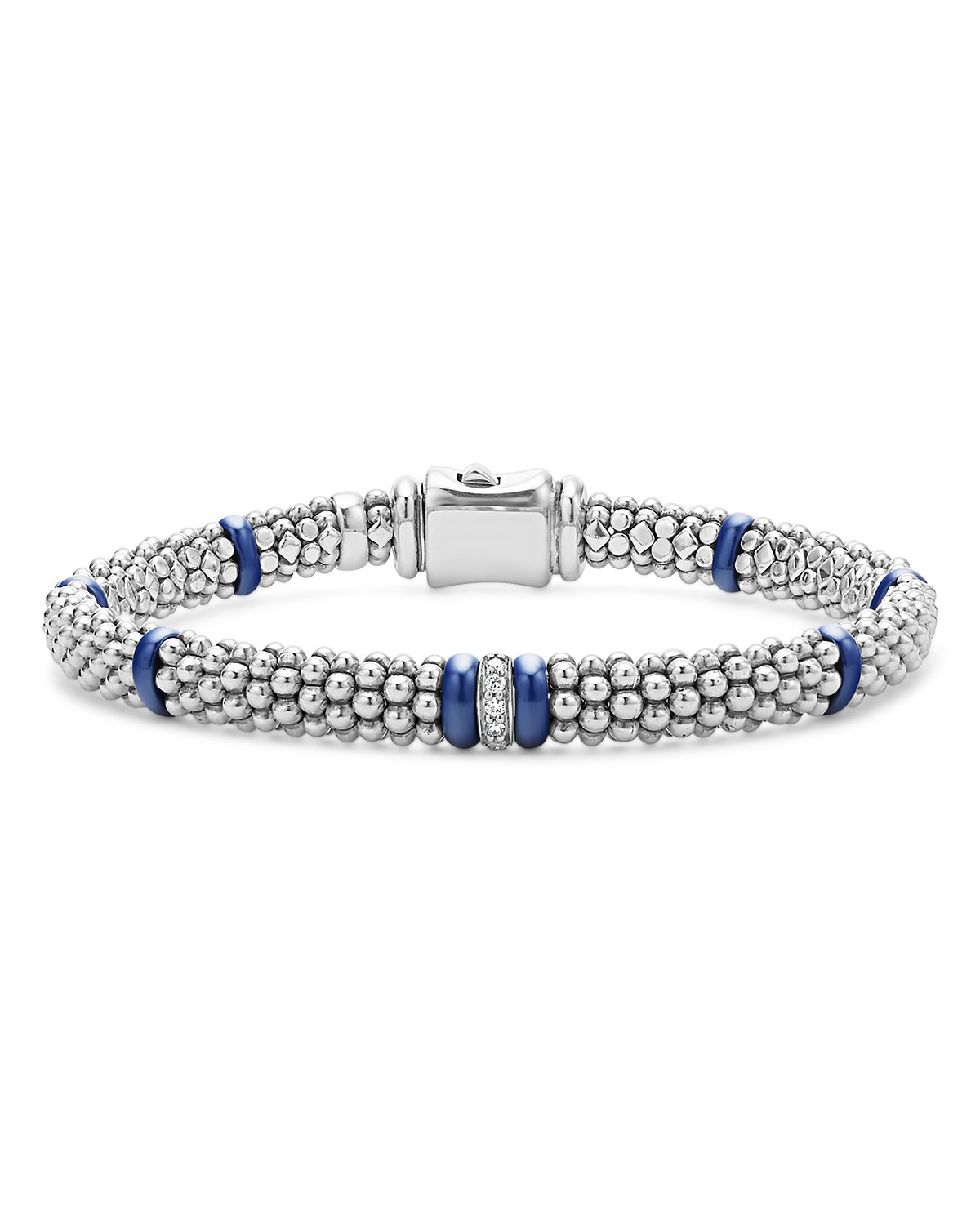 Single Station Diamond Blue Caviar Bracelet in Sterling Silver