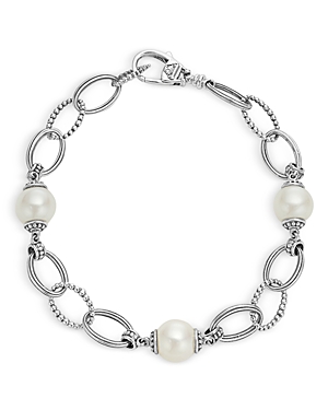 Shop Lagos Sterling Silver Luna Caviar Cultured Freshwater Pearl Link Bracelet In White/silver