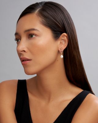 18k Gold & Sterling Silver Two Tone Cultured Pearl Oval Drop Earrings