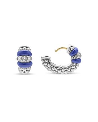 Blue Caviar Ceramic and Diamond Huggie Earrings in Sterling Silver