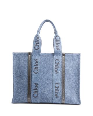 Woody Leather Trimmed Denim Large Tote Bag