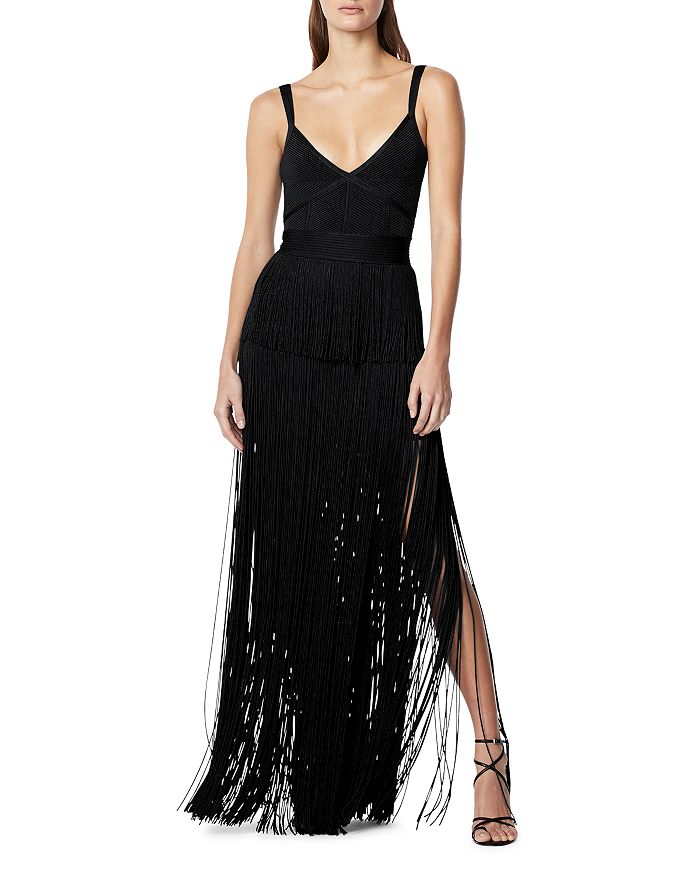 Herve Leger Strappy Ottoman Fringe Gown In Black
