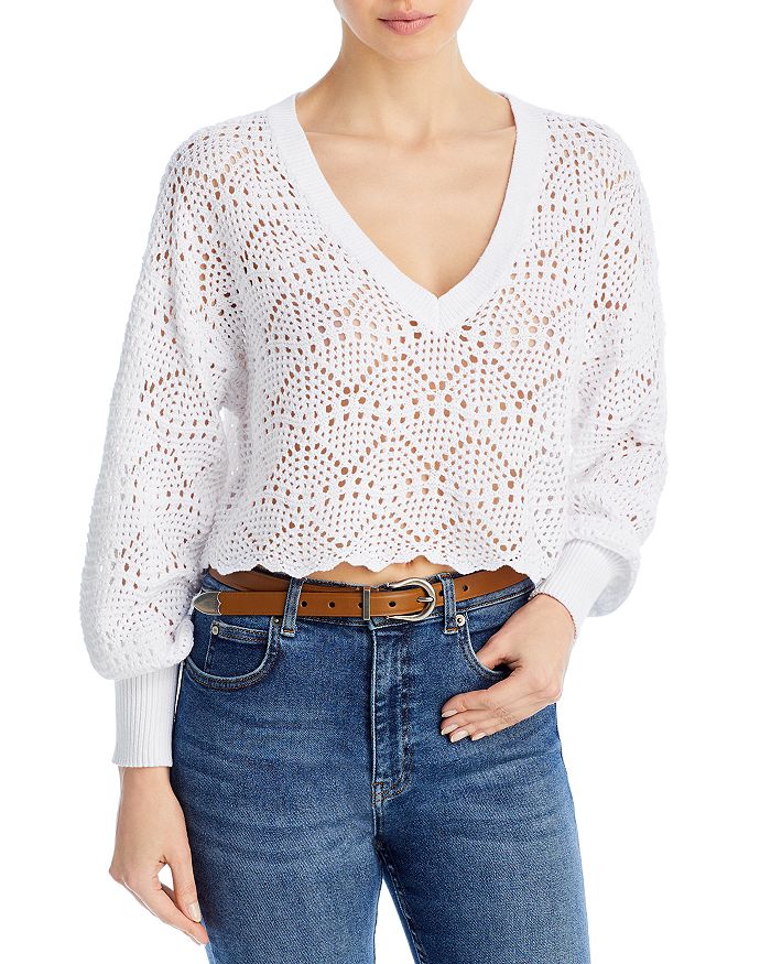 AQUA Cotton Crochet Cropped Sweater - 100% Exclusive | Bloomingdale's