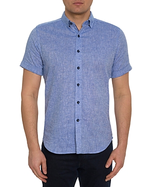 Robert Graham Massimo Linen & Cotton Solid Tailored Fit Short Sleeve Button Down Shirt - 100% Exclusive In Navy