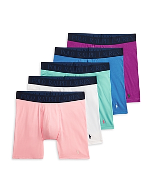 Shop Polo Ralph Lauren Four Way Stretch Cooling Color Blocked Boxer Briefs, Pack Of 5 In Carmel Pink/white/perfect Turquoise/maidstone Blue/purple Dawn