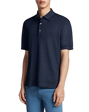 Shop Zegna Silk Short Sleeve Polo In Dark Blue