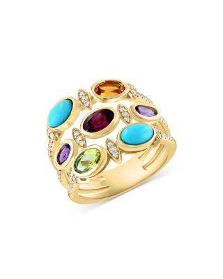 Bloomingdale's Fine Collection Turquoise, Amethyst, Citrine, Rhodolite, Peridot & Diamond Triple Row Ring in 14K Yellow Gold - Exclusive