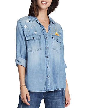 Billy T Hello Sunshine Embroidered Denim Shirt In Washed Blue