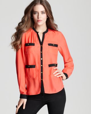 AQUA - Color Block Blouse with Gold Buttons - Exclusive