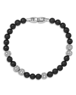 Men's Sterling Silver Spiritual Onyx & Pav&eacute; Diamond Beaded Bracelet