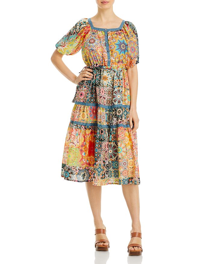 Johnny Was Kaleida Zenovia Tiered Patchwork Silk Midi Dress ...