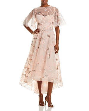 TERI JON BY RICKIE FREEMAN TERI JON BY RICKIE FREEMAN SEQUINED EMBROIDERED FLORAL TULLE HIGH LOW DRESS