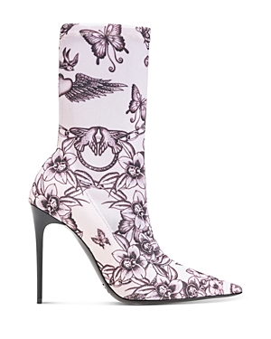 Women's Valentine Pointed Toe Floral Print High Heel Booties