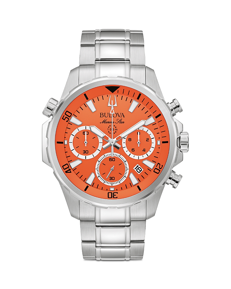 Bulova Marine Star Series B Mens Chronograph Silver Tone Stainless Steel Bracelet Watch 96b395 In Orange/silver
