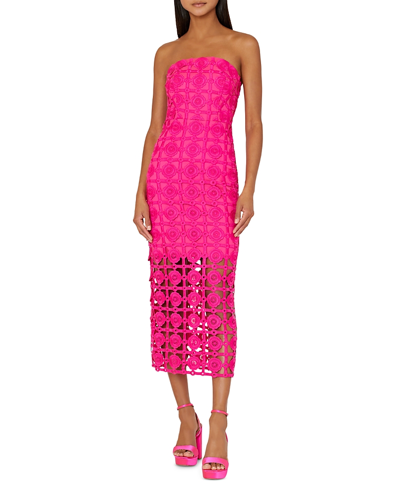 Milly Kait Strapless Tile Lace Midi Dress In Pink