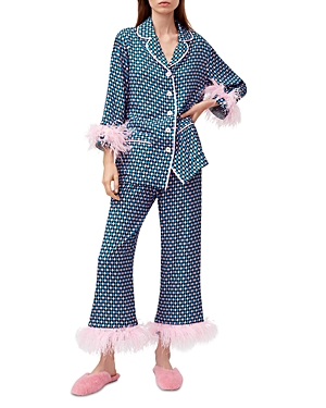 Sleeper Party Pajama Set With Double Feathers In Navy