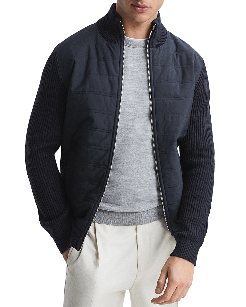 Reiss Mixed Media Zip Jacket In Navy