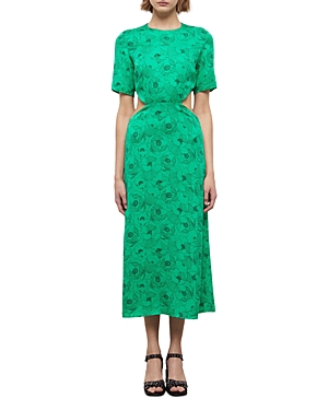 Shop The Kooples Graphic Poppies Cutout Midi Dress In Grn01