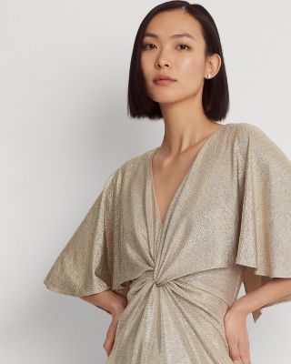 Foil Print Jersey Cape Gown