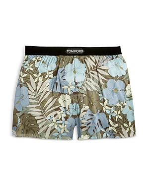 Tom Ford Floral-print Velvet-trimmed Stretch-silk Satin Boxer Briefs In Blue/green