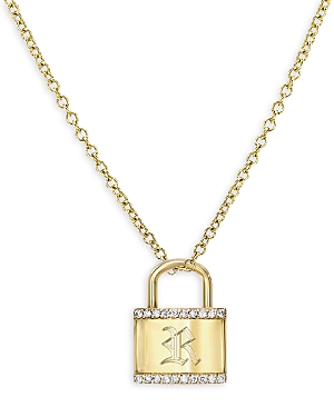 Zoe Lev 14K Gold Diamond Engraved Initial Lock Pendant Necklace, 16-18