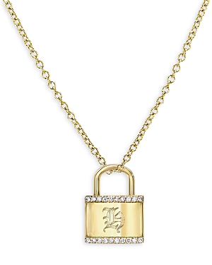 Zoe Lev 14k Gold Diamond Engraved Initial Lock Pendant Necklace, 16-18 In H
