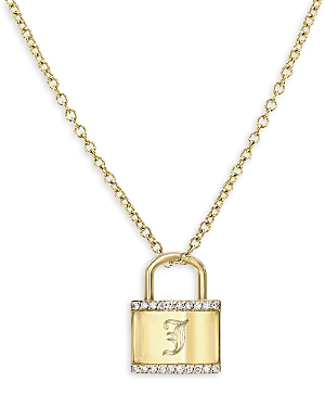 14K Gold Diamond Engraved Initial Lock Pendant Necklace, 16-18