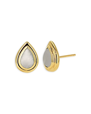 Rachel Reid 14k Yellow Gold Mother Of Pearl Double Bezel Pear Stud Earrings In White/gold